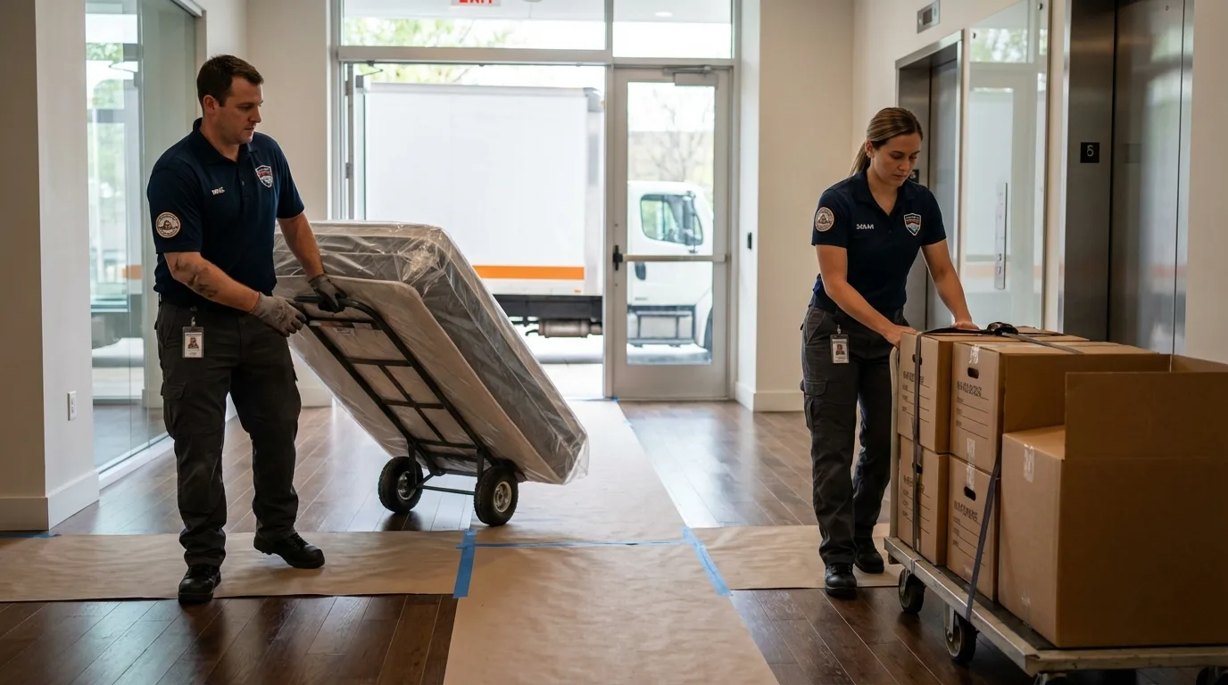 Professional apartment movers loading elevator in Emmaus, PA